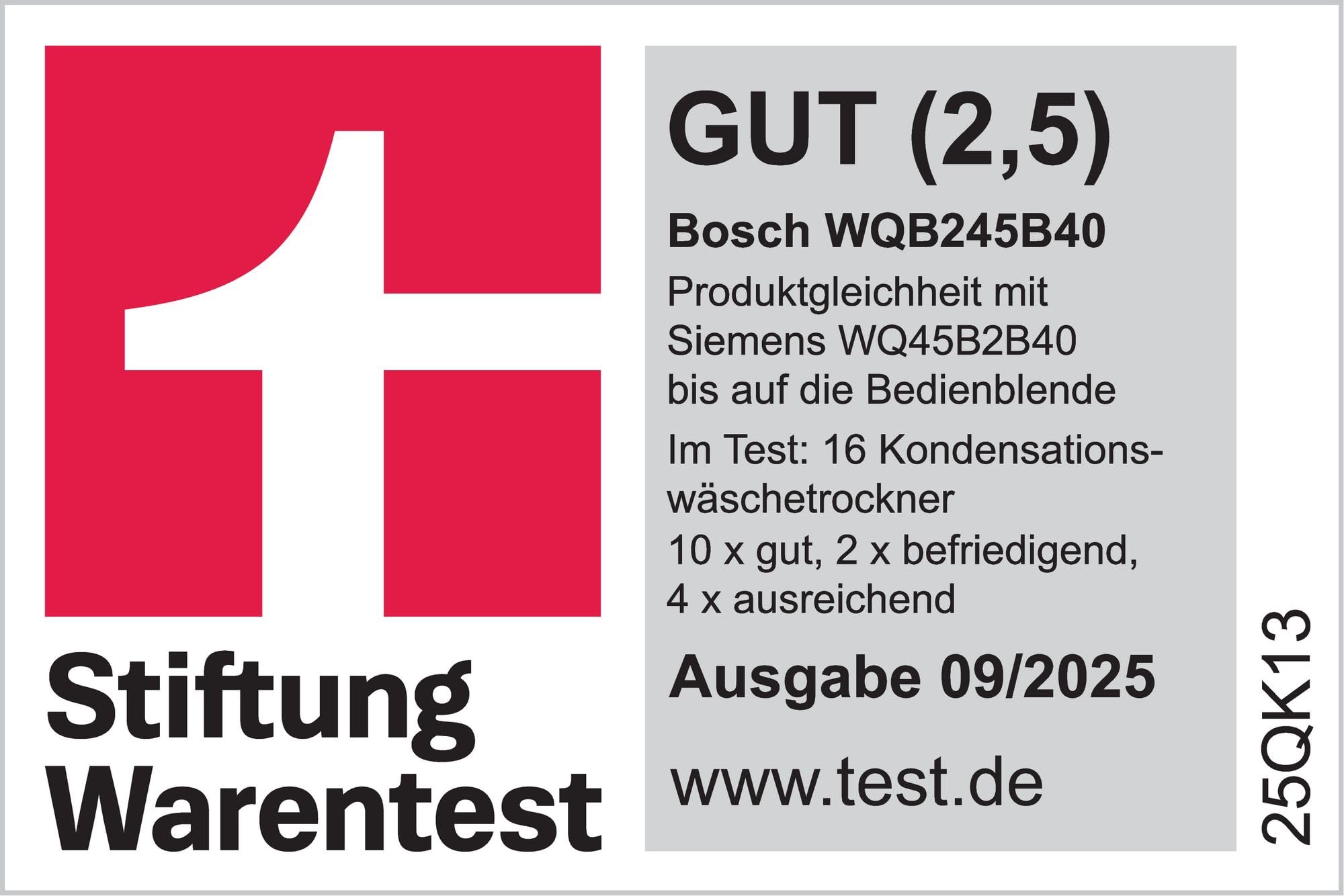 Bosch WQB245B40, Stiftung Warentest GUT (2,5)*, Serie 8 Smarter Wärmepumpentrockner 9 kg, AutoDry Sensorgesteuerte Trocknung, SmartDry Programmautomatik, LED-Display, Selbstreinigender Kondensator 2