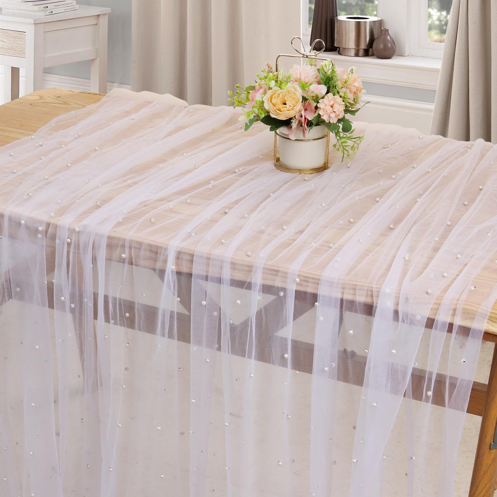 Photo 1 of 10 FT 2 Pcs Pearl Table Runner 60x120 Inch Wedding Table Decor White Tulle Fabric Lace Dessert Veil Arch Bridal Shower Decorations Tablecloth Cloth Cover for Birthday Party baby Shower Wedding