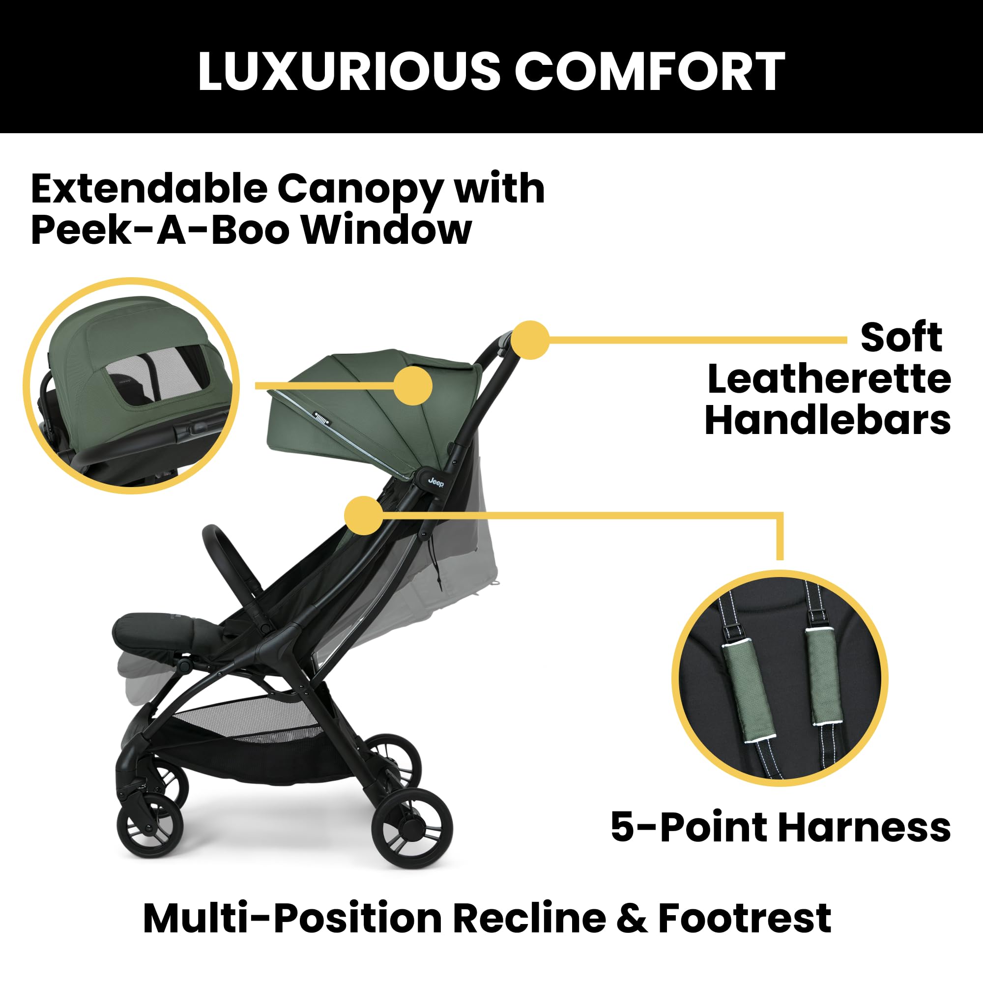 Jeep Altitude Compact Travel Stroller by Delta Children Greenguard Gold, Easy One Hand Fold, Lightweight, Extendable Canopy with Peek-a-Boo Window, Reclining Seat, 4 Wheel Suspension, Olive Green
