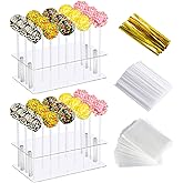 HENABLE 2 Pack Cake Pop Stand with Sticks & Wrappers, 15 Holes Acrylic Cake Pops Holder Disply, Clear Cake Pops Sticks Kit, Lollipop Hold Stand for Drying, Dessert Table, Party Supplies
