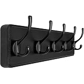 SKOLOO Rustic Coat Rack Wall Mount, 5 Hooks, 17 Inch, Solid Wood, Black | Wall hooks for coats towel clothes hat, 100-lb cap, entryway bedroom mudroom, wall mount, 16" stud spacing, hardware included