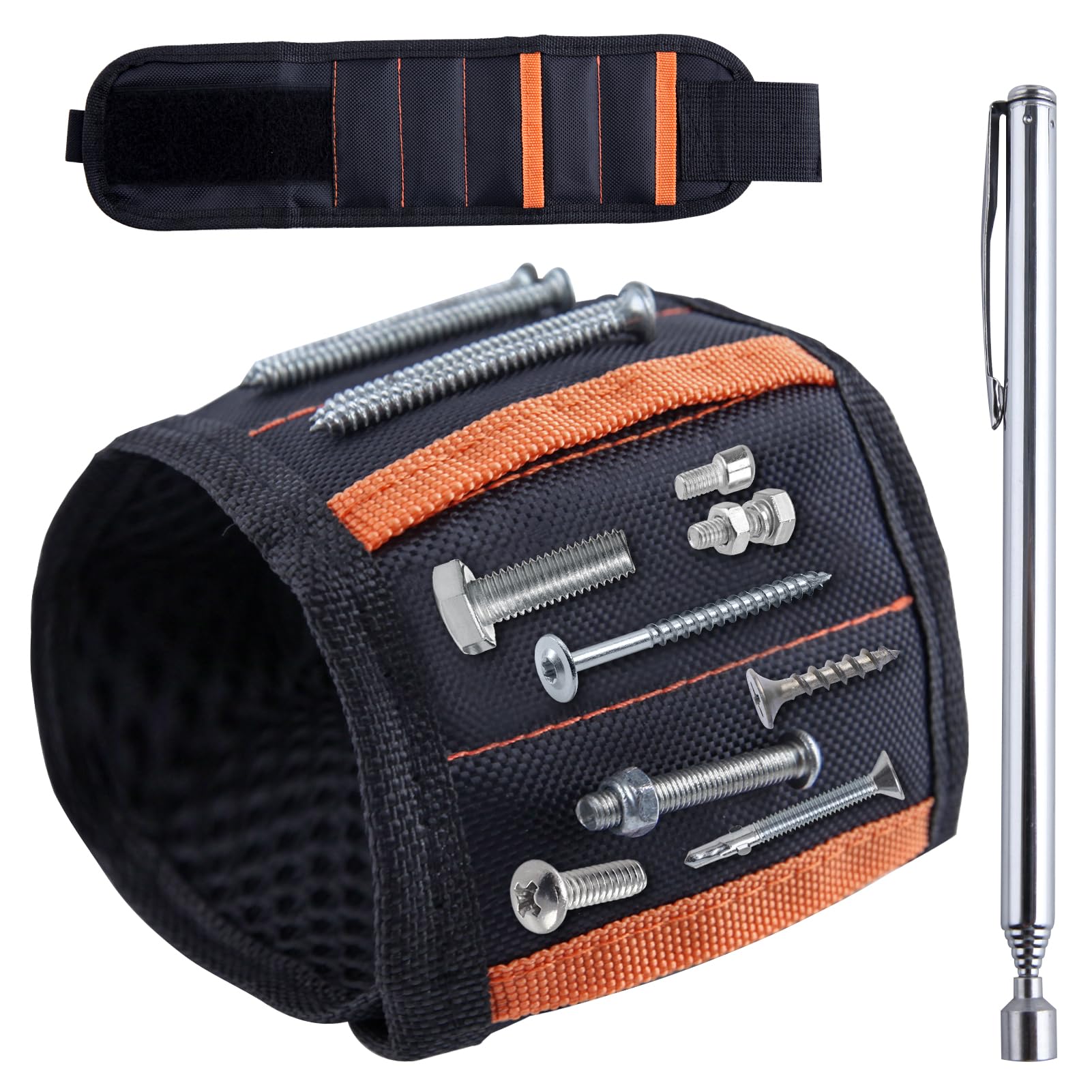 GOLD DEER Magnetic Wristband & Universal Socket Grip with Telescoping Magnetic Grabber Wrist Magnet Tool Belt and Screw Holder 10 Strong Magnets for Holding Screws Nails and Drill Bits