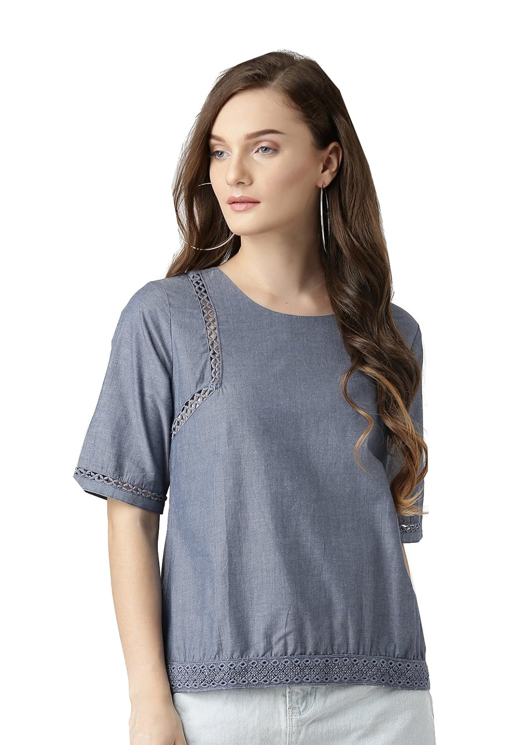 marie claire women blue chambray solid styled back top (mc675)