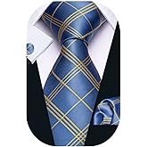 Barry.Wang Tie Sets for Men Silk Stripe Necktie Woven Checkered Handkerchief Cufflinks Formal Business Wedding