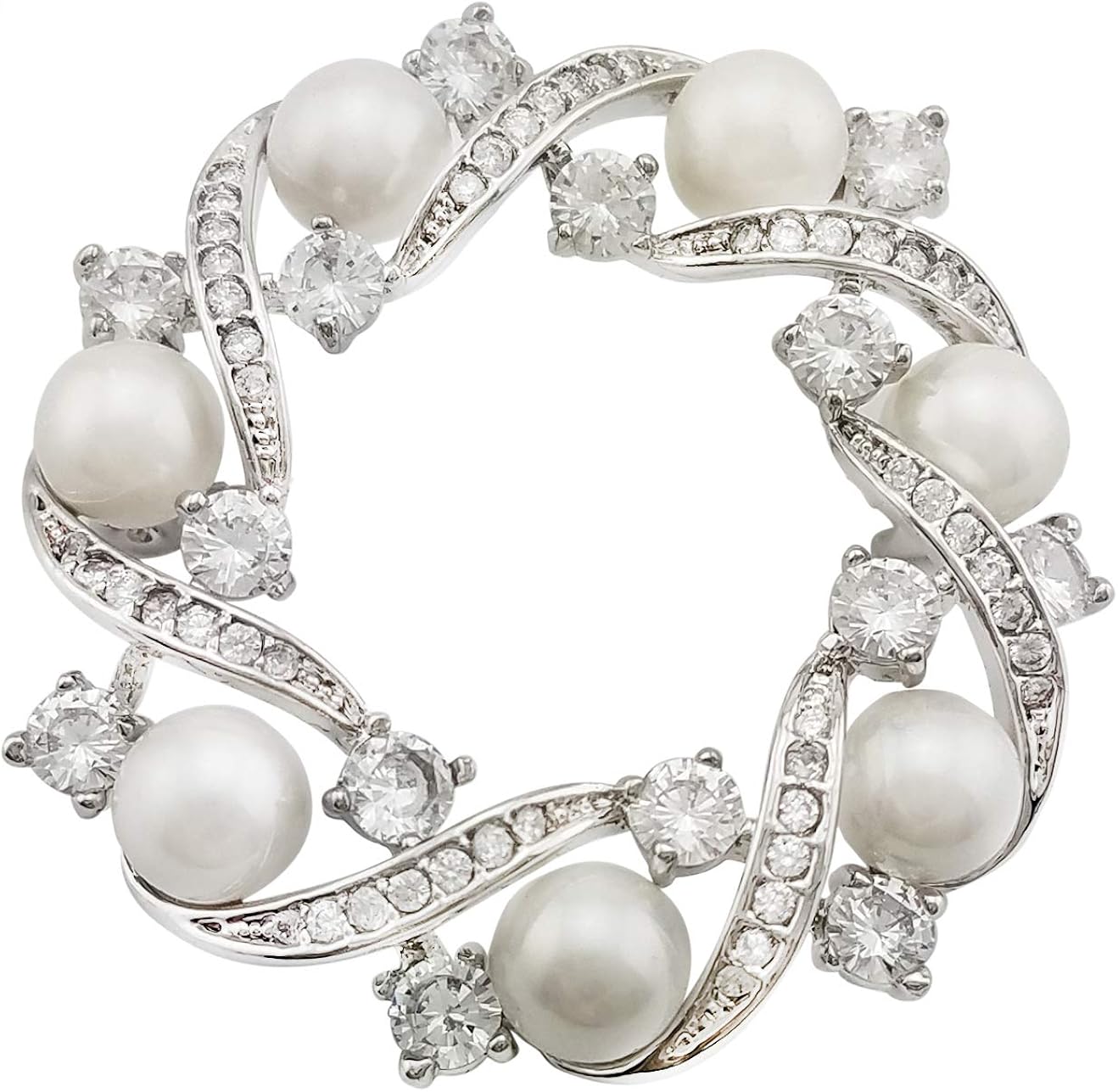 HAISWET Wedding Sparkle Brooch Pin Elegant Cubic Zirconia Simulated Pearl Wreath Broach, White