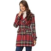 Allegra K Women's 2025 Winter Notched Lapel Pea Coat Classic Buffalo Checks Double Breasted Plaid Coat