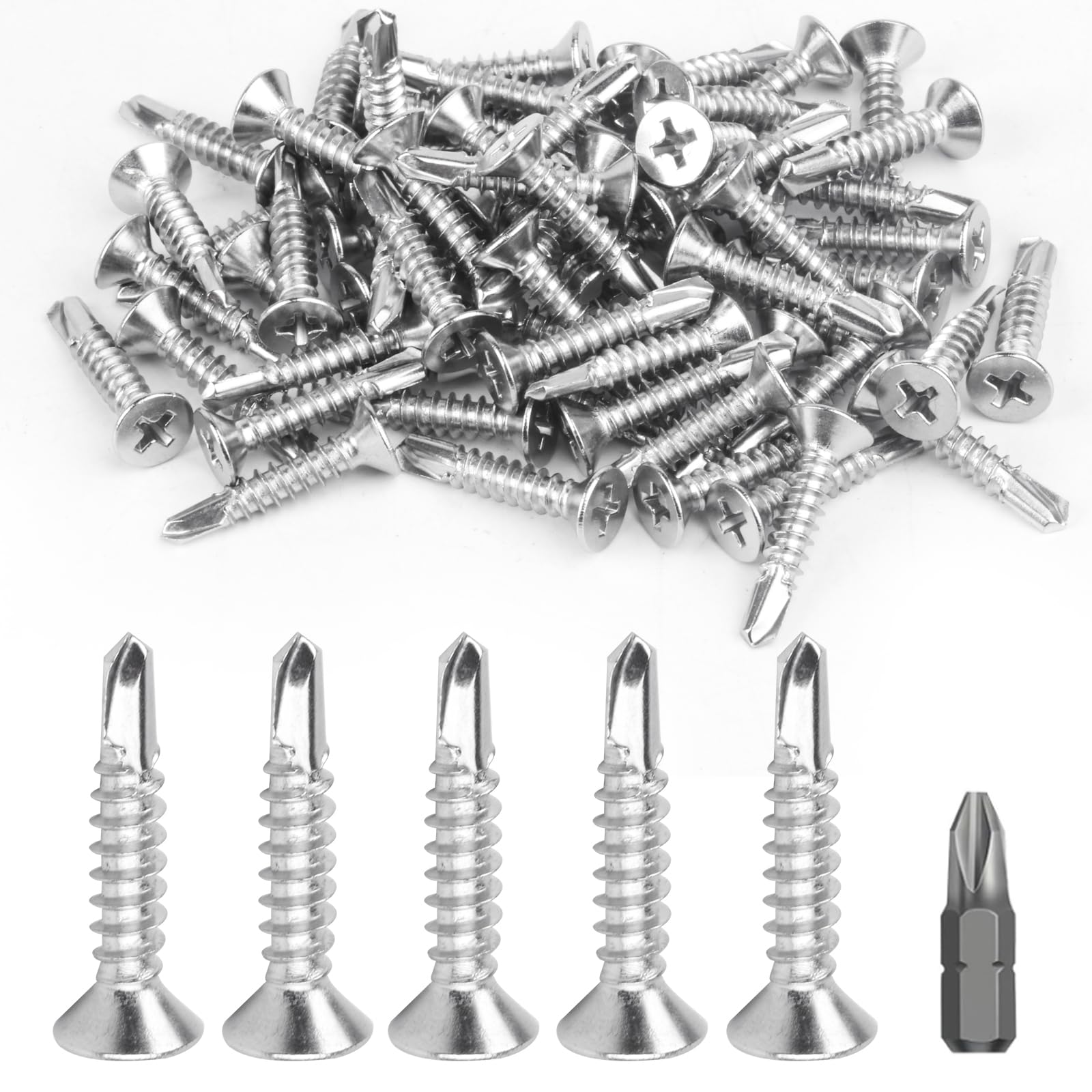 150 PcsSelf Drilling Screws for Metal, Stainless Steel Self Tapping Screws for Metalwork, Self Tapping Metal ScrewsFlat Head Cross Countersunk Screw for Roofing Sheets(M4.8 * 25mm)