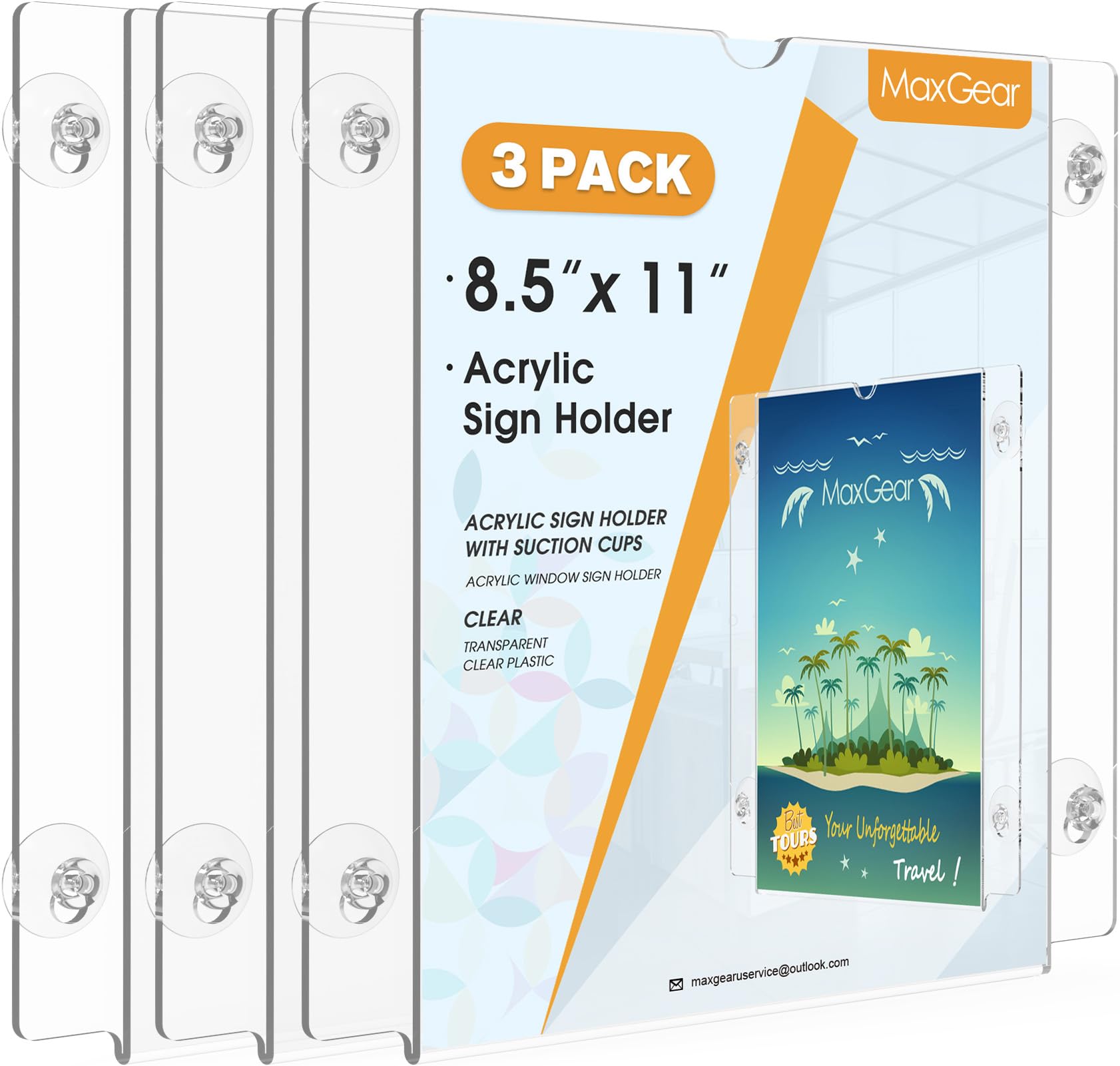Photo 1 of MaxGear Acrylic Sign Holder 8.5x11" with Suction Cup and Screws for Windows and Walls, Clear Plastic Window Glass Door Wall Mount Sign Holder Picture Frame for Flyer Poster Document Paper, 3 Pack