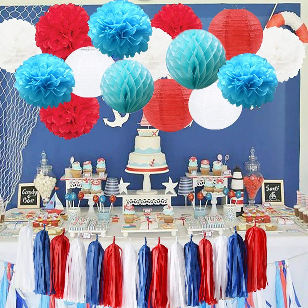Vohoney Decorations Anniversaire Rouge Blanc Bleu Decorations Fleur Papier Lanterne Papier Banniere Decoration Fete Pom Papier Lanternes De Papier Honeycomb Balls Bebe Douche Pepiniere De Guirlandes Cotillons Et Confettis Decorations