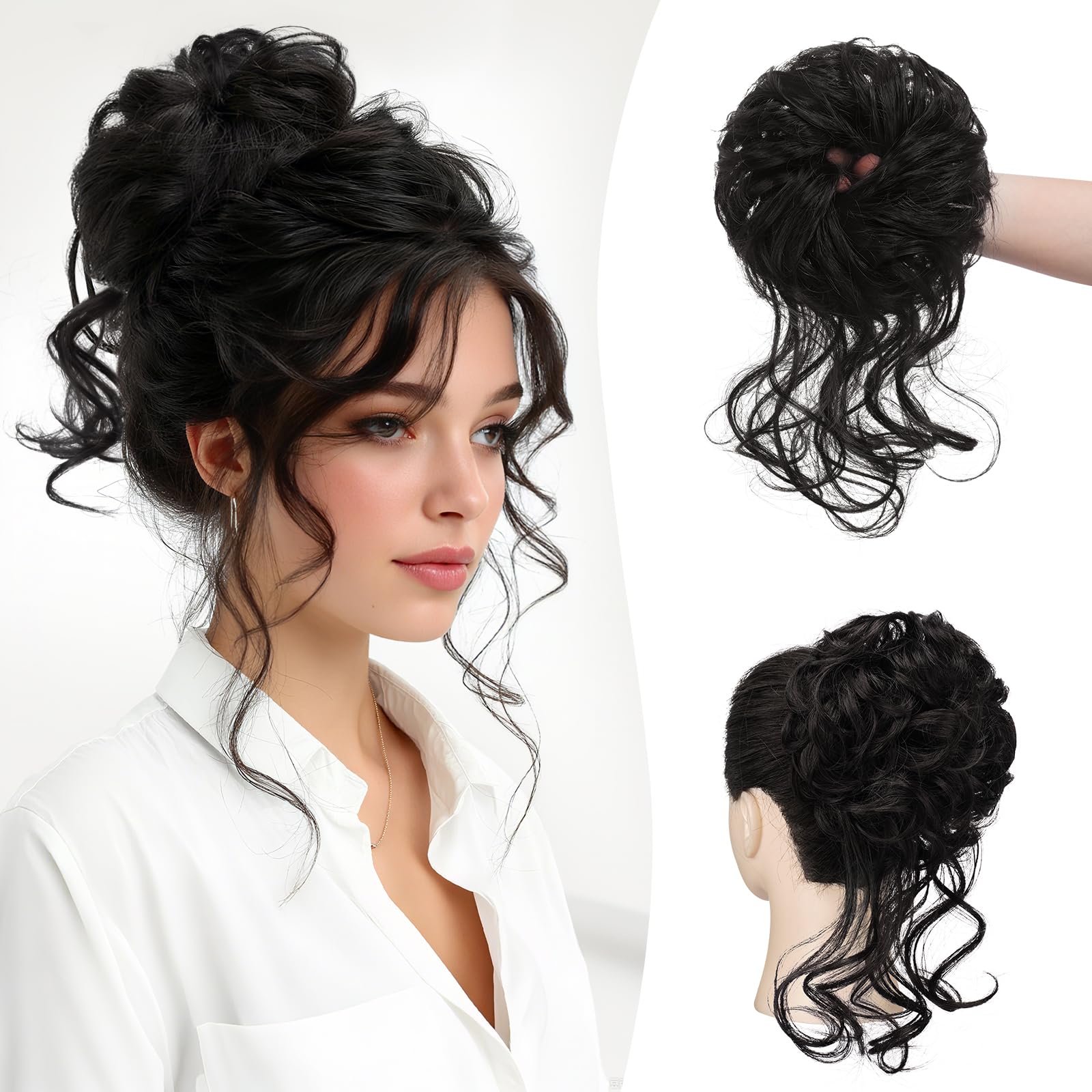 Sofeiyan Messy Bun Hair Piece Curly Wavy Hair Extensions Synthetic Tousled Updo with Tendrils Hairpieces Bun Donut Accessories Scrunchies for Women, Natural Black