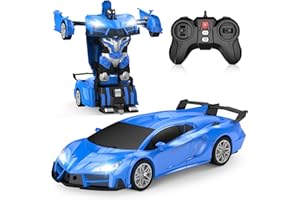 Qumcou Remote Control Car，Transform Robot RC Cars with Cool LED Headlights, 2.4Ghz Toys Car with 360 Degree Rotation and One-Button Deformation, Christmas Birthday Gifts for Boys Girls(Blue)