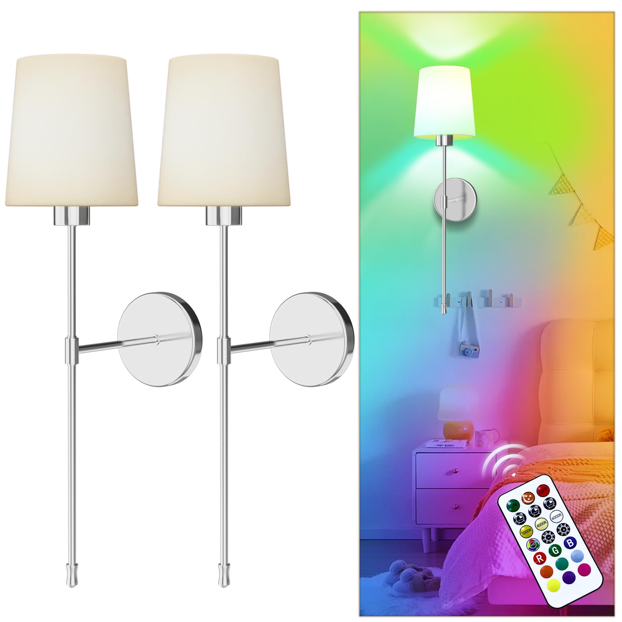 DIAMONDFORGE Battery Operated Wall Sconces Set of Two, Wireless Sconces Set of 2 Wall Light with 10000mAh RGB Rechargeable Magnetic Bulb, Sconces Wall Decor Set of 2 for Bedroom Living Room, Silver
