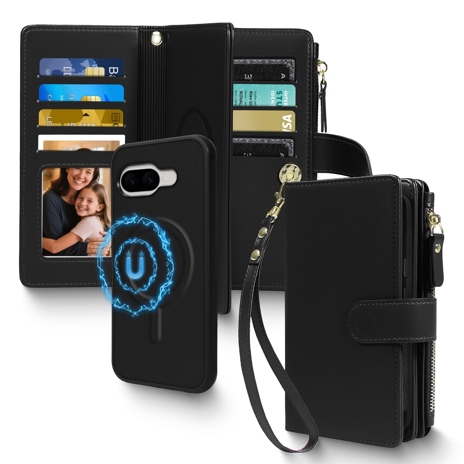 Photo 1 of 2 in 1 for Google Pixel 9/9 Pro / 10/10 Pro 6.3" Wallet Case Magnetic Compatible with Magsafe RFID Blocking Card Holder Detachable Phone Cover Zipper Purse Kickstand Wrist Strap for Men Black