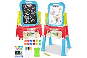 HOLYFUN Toddler Art Easel for Kids, Double-Sided Magnetic Whiteboard & Chalkboard with Painting Accessories, Rotatable Easel Toy, Great Christ Gift for Boys and Girls