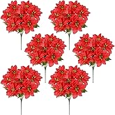 NAHUAA 6 PCS Poinsettia Flowers Artificial Outdoors 7 Heads Silk Fake Christmas Flowers Red Poinsettia Bushes Outside Winter Bouquet for Garden Porch Planter Home Decor