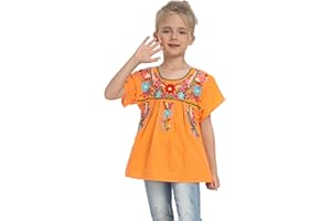 YZXDORWJ Mexican Blouse for Girls Traditional Embroidered Summer Short Sleeve Peasant Blouse for Kids