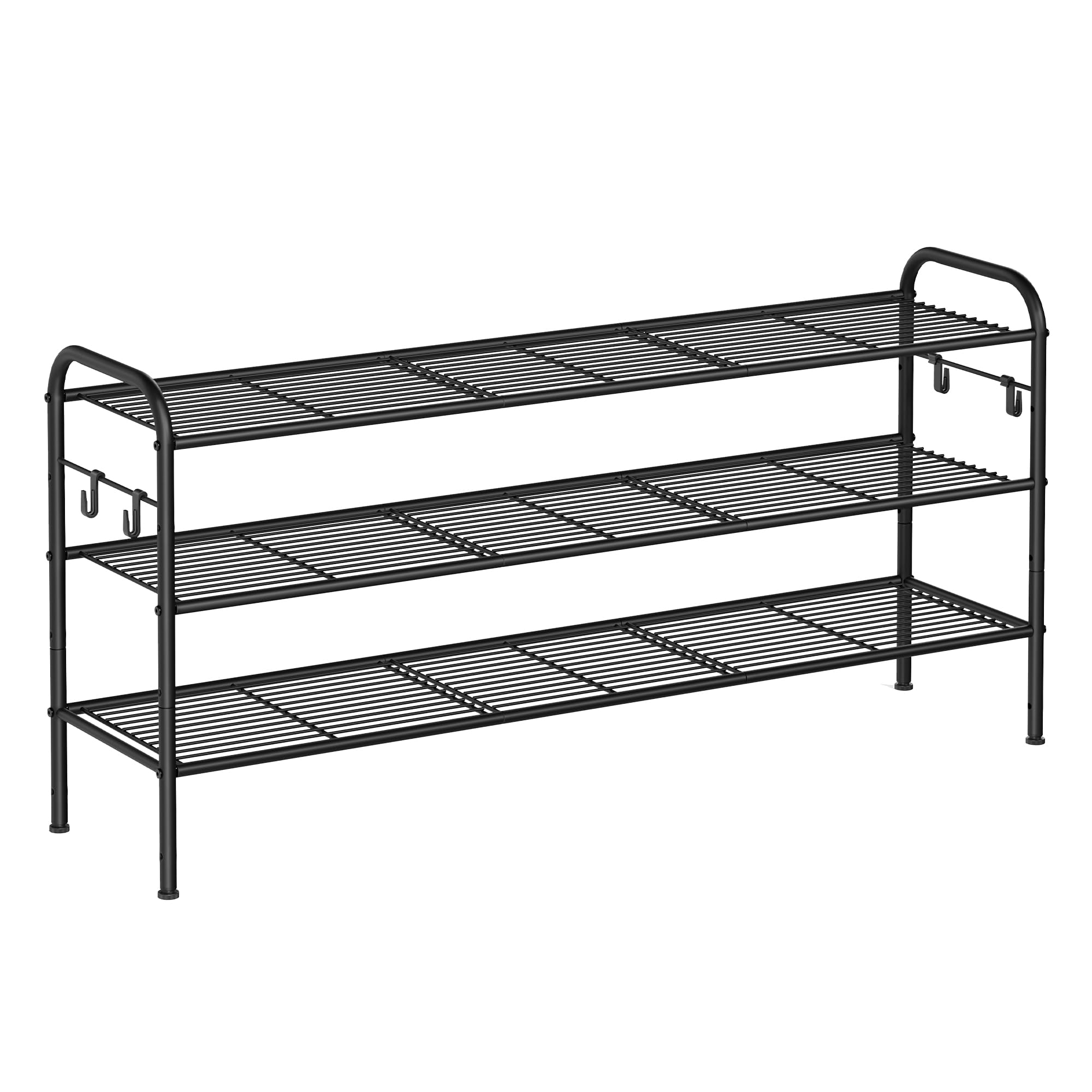 SONGMICS Shoe Rack, 3-Tier Shoe Organizer, Metal Shoe Shelf Storage with 4 Side Hooks, Holds 18 Pairs of Shoes, Height-Adjustable Shoe Rack for Entryway, Hallway, Closet, Easy Assembly, Ink Black Image
