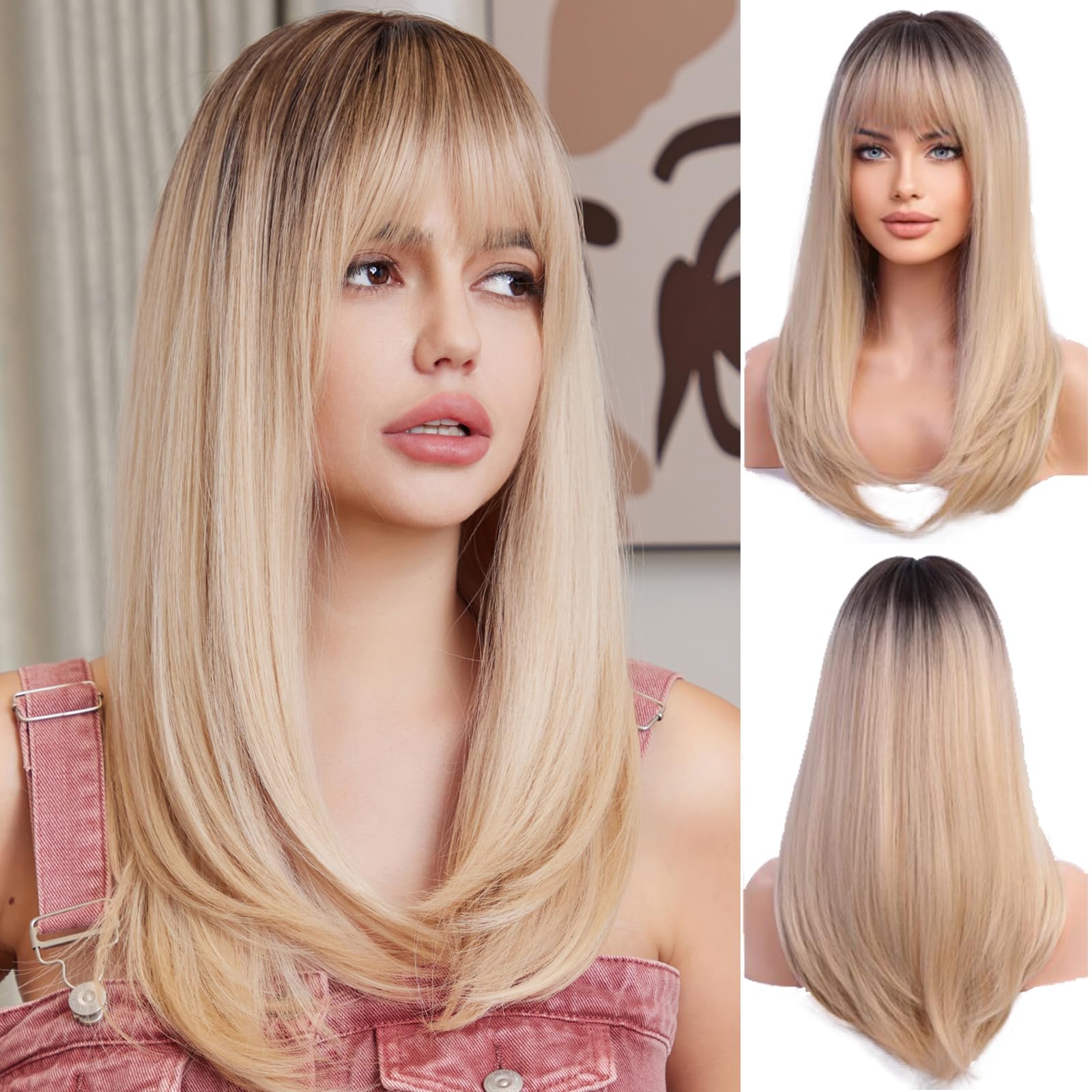 OUFEI Ombre Blonde Wigs for Women - Long Wig with Bangs, Straight Synthetic Hair, Heat Resistant for Daily Party Cosplay Wear — image 1