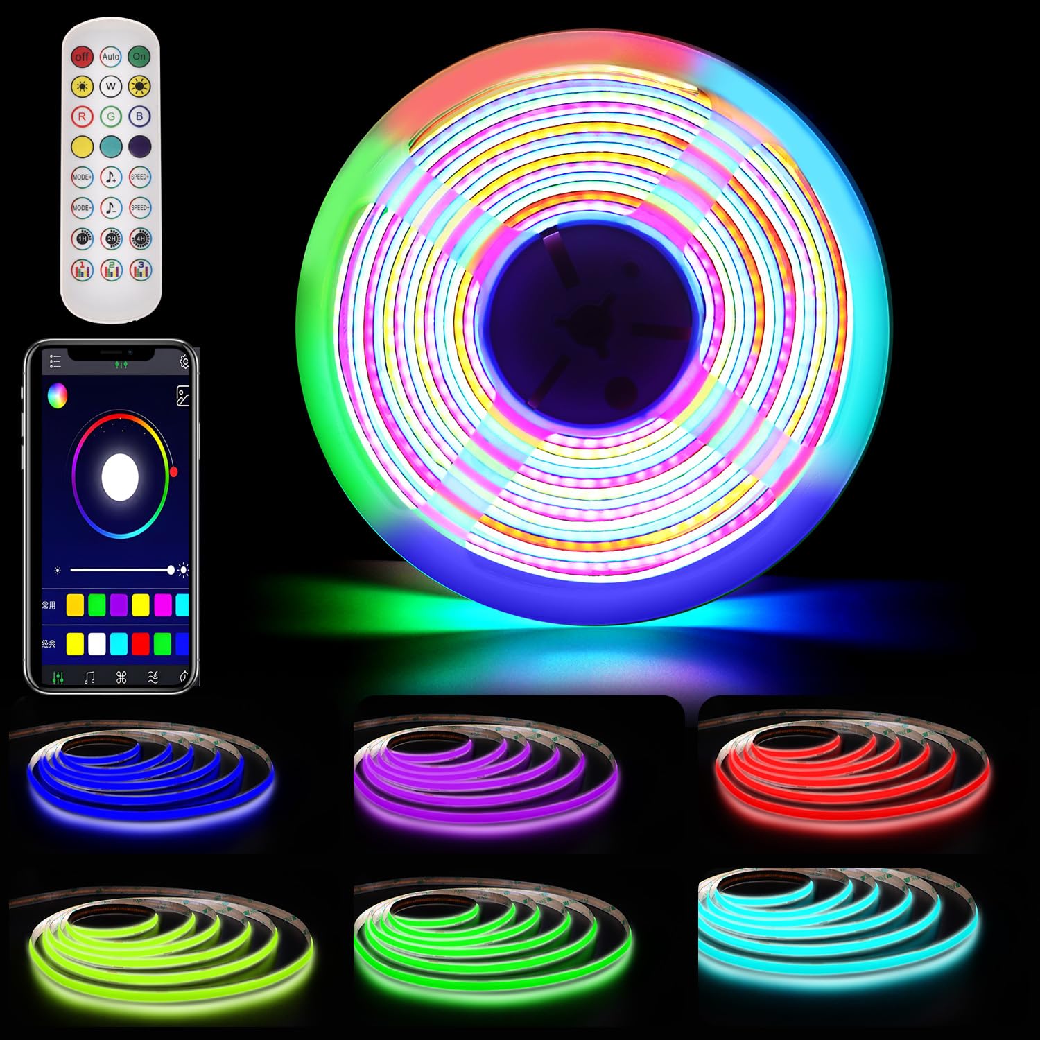 RGB+IC COB LED Strip 5m, 24V WS2811 COB LED Strip Light, Pixel Addressable RGB LED Tape, Colour Chasing Strip Lights, Music Sync, with App and Remote Control for Home,Party