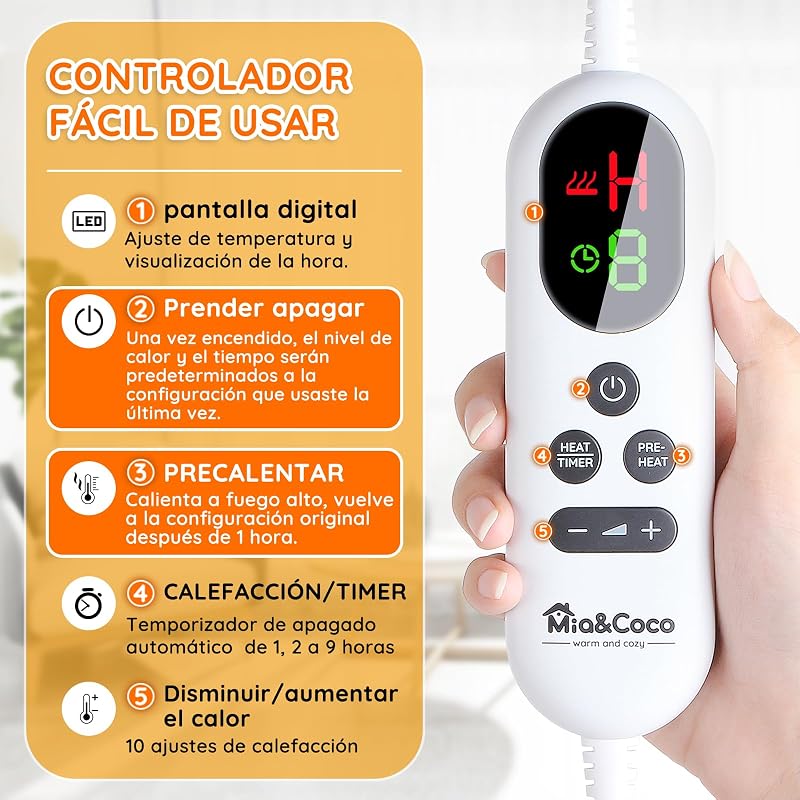 Grande cama de cobertor térmico elétrico 160x130cm, 10 níveis de calor e 1 ~ 9 horas de temporizador de desligamento automático e display digital, lavável na máquina, sherpa de flanela