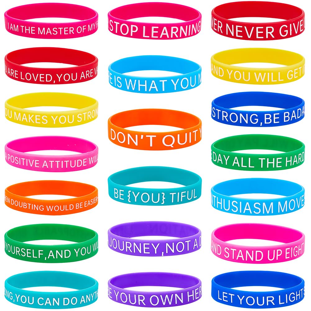 GORGECRAFT 10 Colors 20PCS Motivational Silicone Bracelets Inspirational Quote Rubber Wristbands Sports Bands with Positive Messages for Home Office Gifts Students Supplies Red Yellow Blue