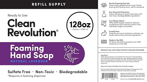 CLEAN REVOLUTION FOAMING HAND SOAP REFILL SUPPLY CONTAINER. READY TO USE FORMULA. NATURAL LAVENDER FRAGRANCE, 128 FL. OZ