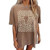 Kelxjia Western Cow Skull Shirts for Women Boho Cowgirl Shirt Vintage Acid Wash Tshirt Oversize Rodeo Graphic Tee Country Top