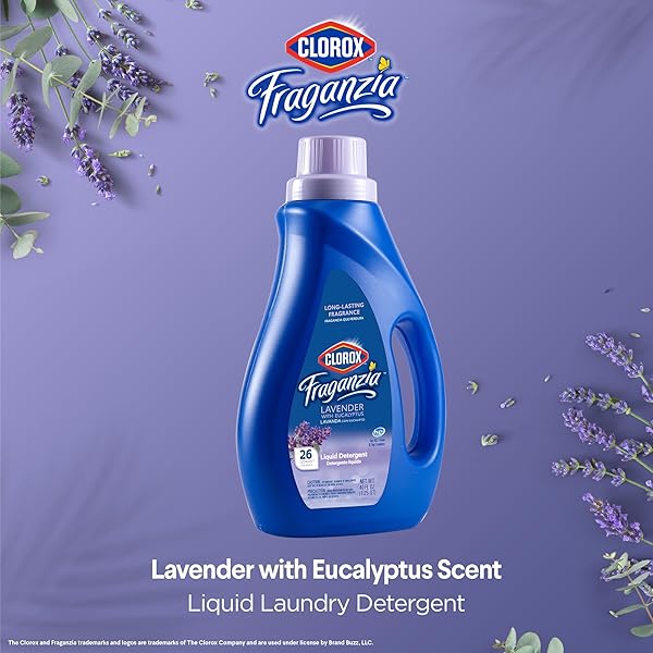 CLOROX FRAGANZIA LIQUID LAUNDRY DETERGENT, LAVENDER WITH EUCALYPTUS SCENT – HE COMPATIBLE FOR ALL FRONT AND TOP LOAD WASHING MACHINES, LONG-LASTING FRAGRANCE, 26 LOADS, 40 FL OZ