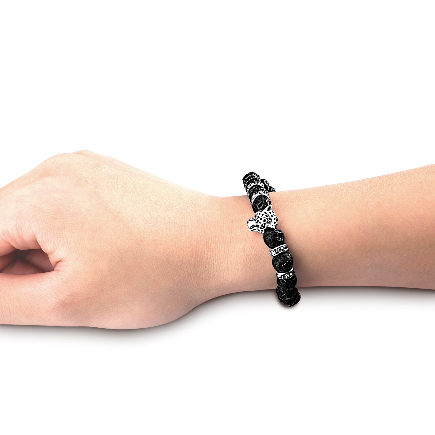 UHIBROS Natural Energy Stone Beads Bangle Lava Stone Gemstone Mens Womens Bracelet, Leopard Head, Gold Silver