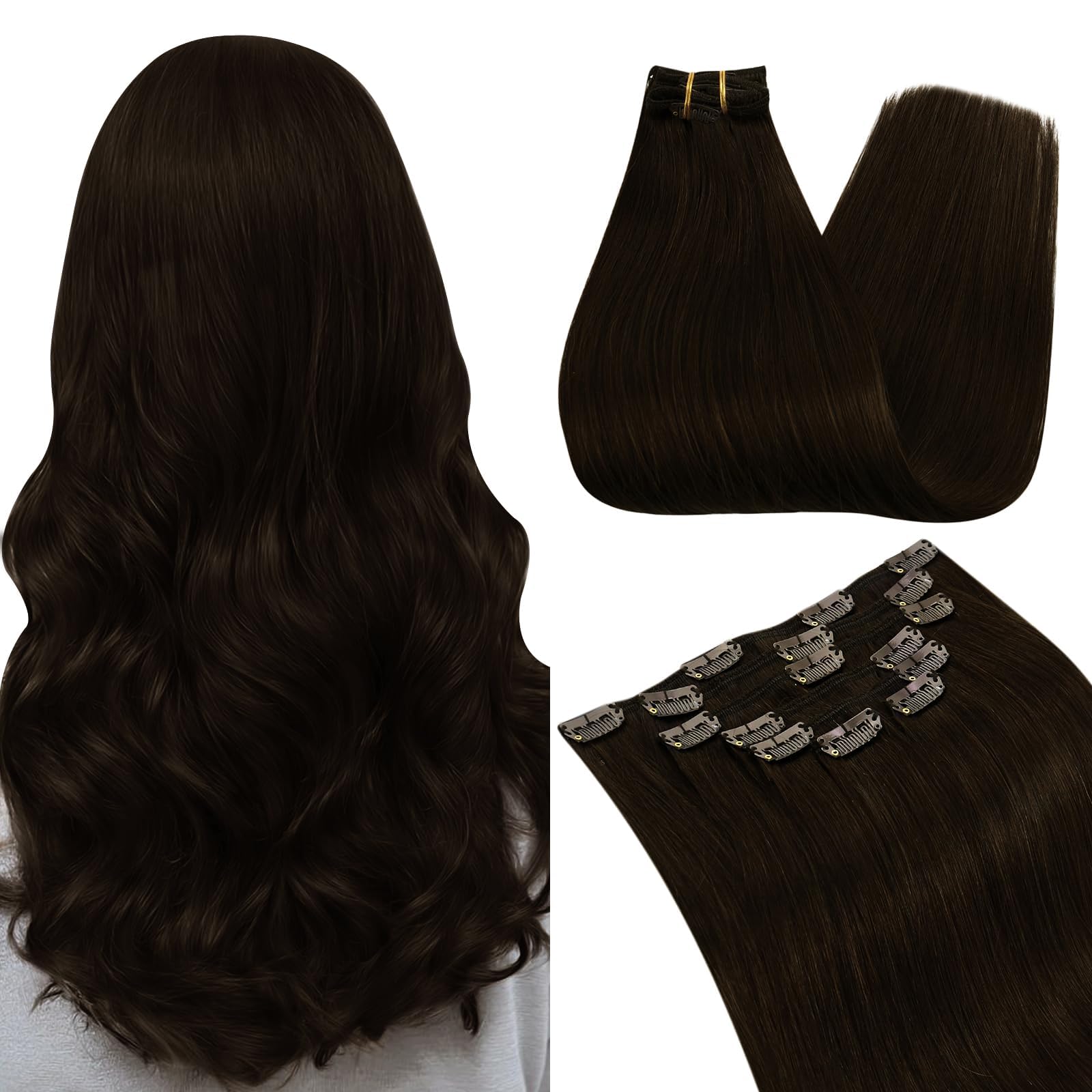 Ugeat Human Hair Clip in Extensions Brown Invisible Clip in Hair Extensions Human Hair Dark Brown Clip on Hair Extensions Double Weft 7pcs 105g 14 Inch โ image 1