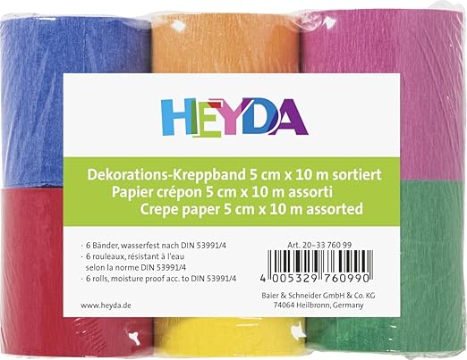 Heyda 203376099 Kreppbänder (5 cm x 10 m, sortiert 32 g qm, 6 Rollen)