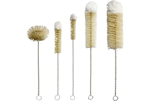 NewFerU Stainless Steel Soda Bottle Cleaning Brush Set in Natural Boar Bristle Wool Tip Long Handle, Flexible Bendable Thick Wire Cleaner for Narrow Neck Water Baby Bottles Straw Pipe Tube Flask (5)