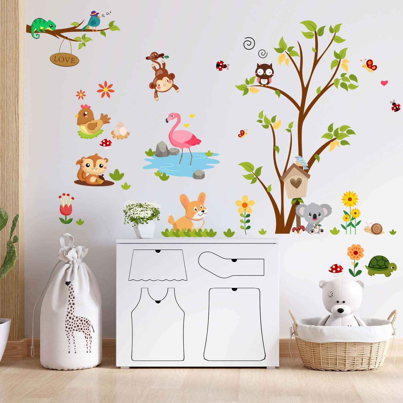 PinkEleph Baby Animals Wall Stickers - Monkey Koala Flamingo Dog Wall Decals - Baby Nursery Kids Room Daycare Playroom Classroom Wall Decor