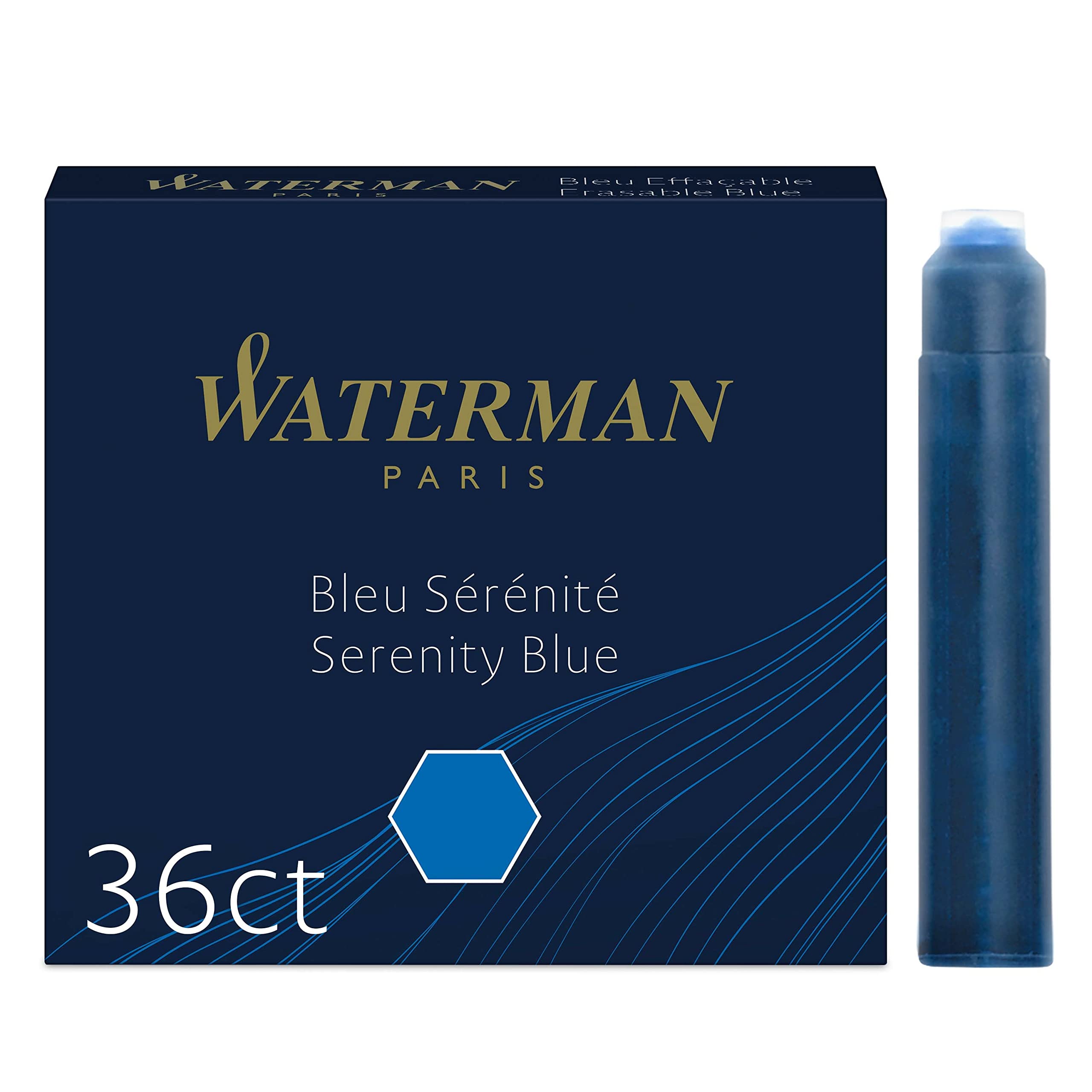 Waterman Fountain Pen Refill Ink Cartridges | Standard International (Short) | Serenity Blue | 36 Count