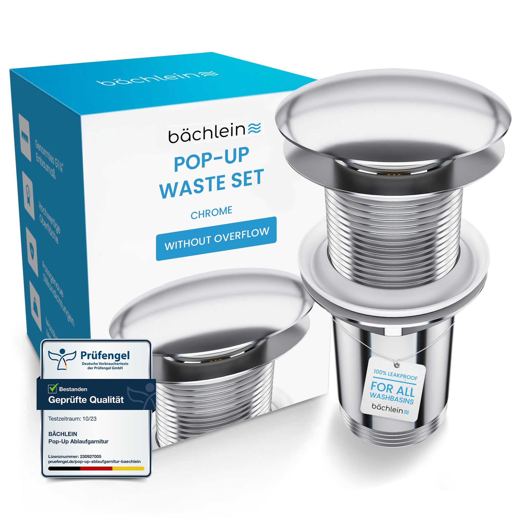 Bächlein Universal Drain Set Without Overflow (Chrome) - Brass Drain Valve Drain Set - Installation with Instructions — image 1