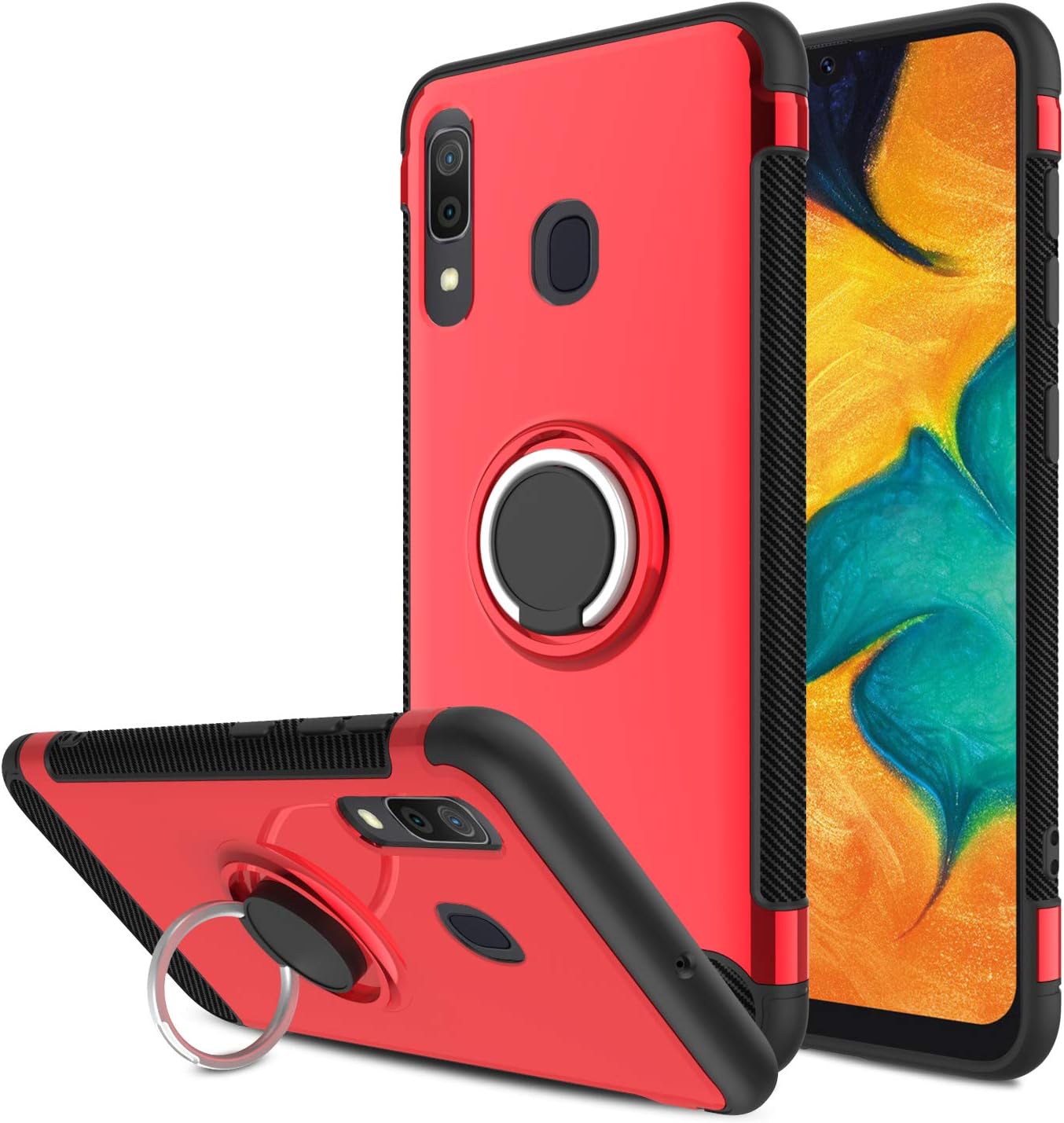 Yunerz Galaxy A20 Case, Galaxy A30 Case, Slim Dual Layer Hybrid Defender Armor 360 Degree Rotating Ring Kickstand Protective Case with Magnetic Case Cover for Samsung Galaxy A20/A30 6.4inch (red)