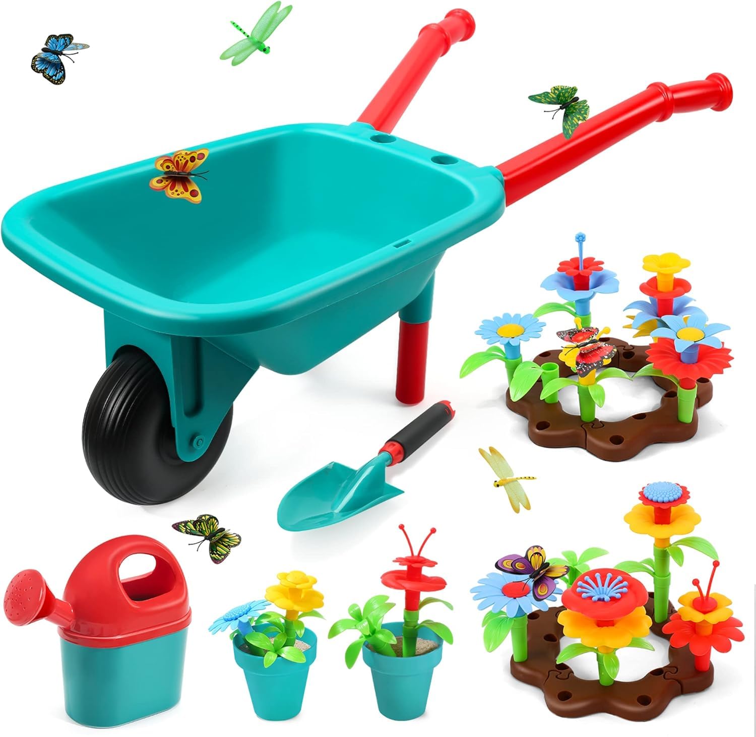 cute stone Kids Gardening Tool Set, Garden Toys with Wheelbarrow, Watering Can, Shovel, Flower Garden Building Toy, Pretend Play Outdoor Indoor Toy, Activities Stem Toy Gifts for Boys and Girls UK3