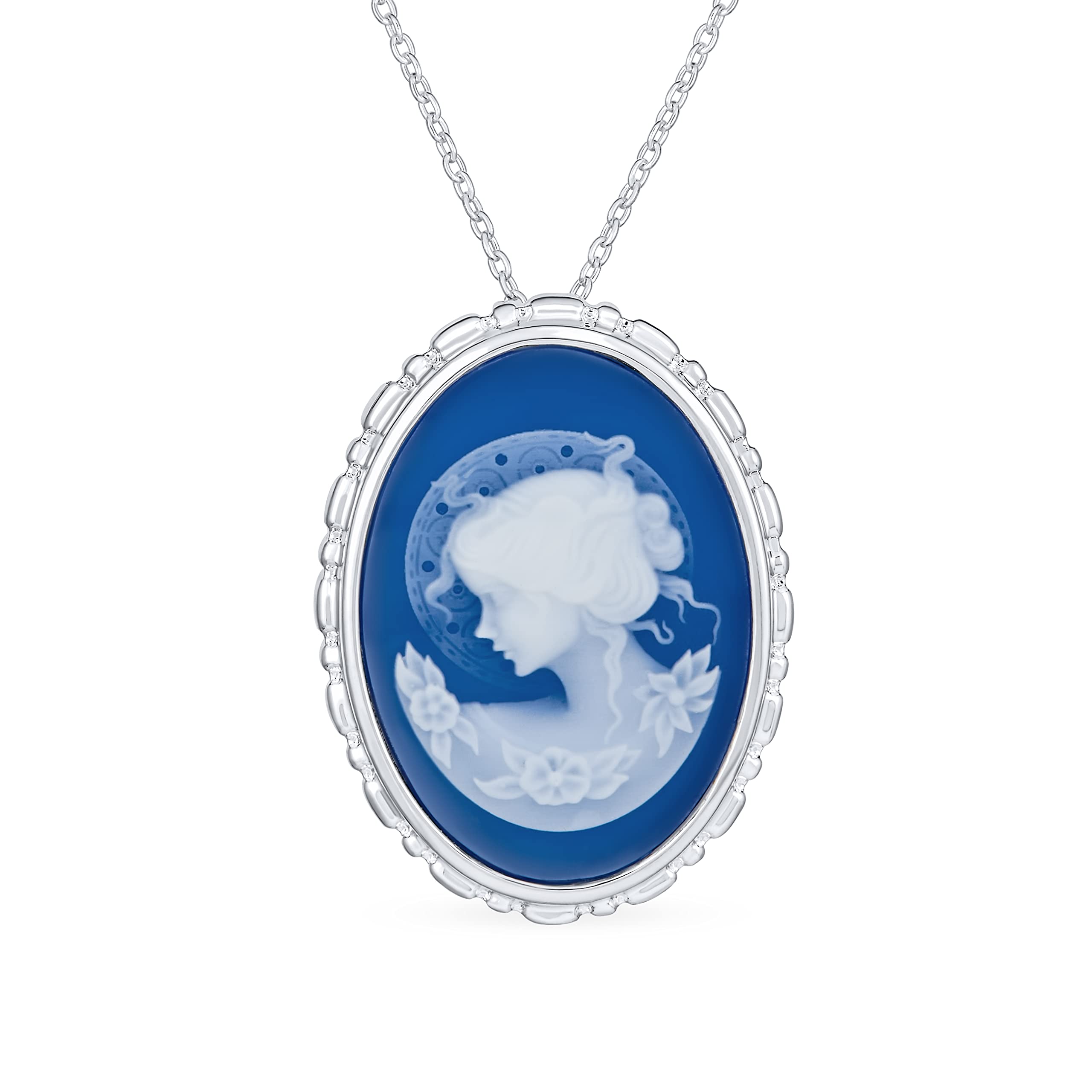 Bling Jewelry Classic Antique Vintage Style Blue White Carved Oval Framed Victorian Lady Portrait Cameo Pendant & Brooch Necklace For Women .925 Sterling Silver