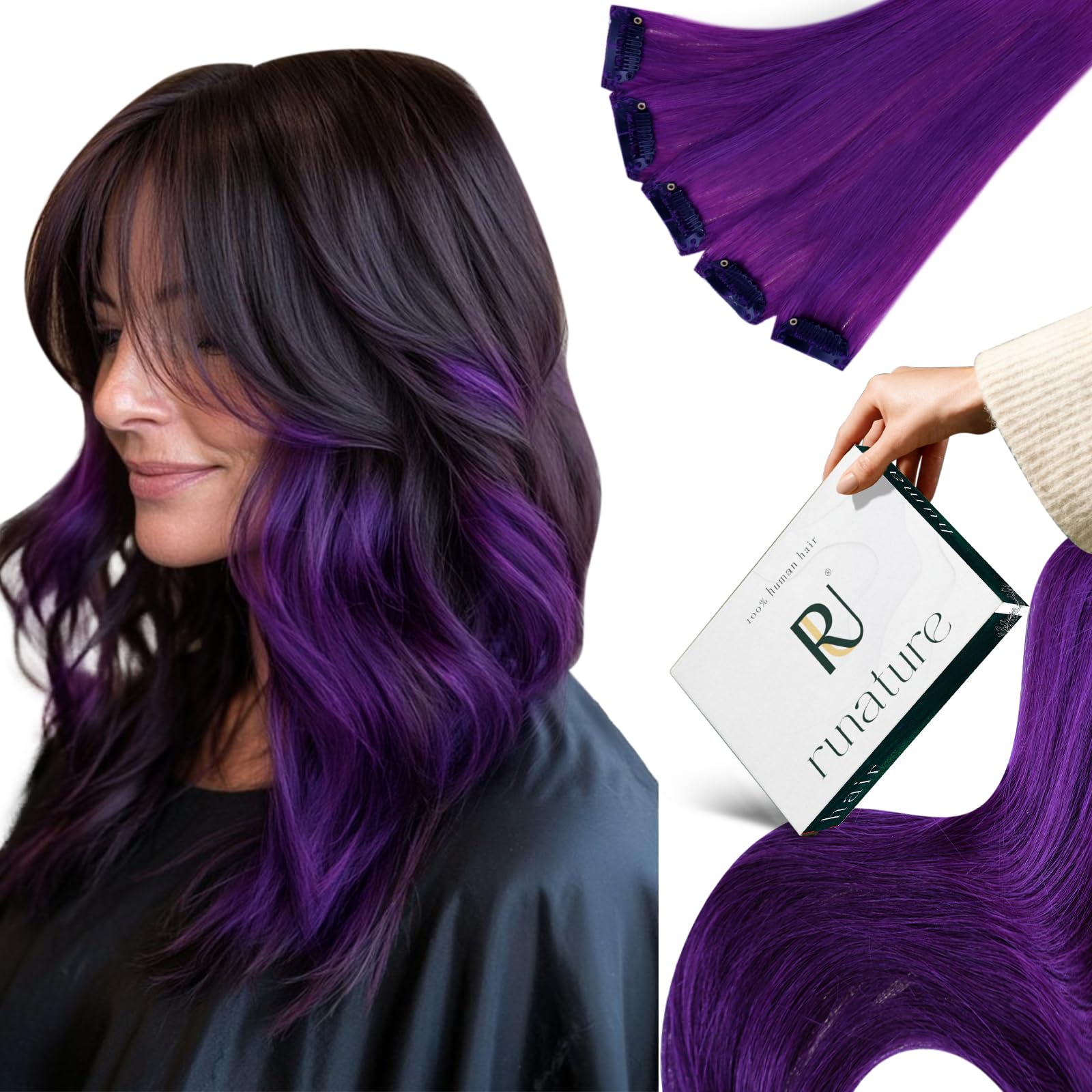 RUNATURE Purple Hair Extensions Clip in Real Human Hair 18 inch Clip in Purple Hair Extensions Human Hair 25g 5pcs — image 1
