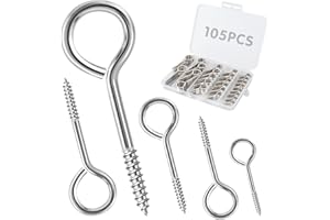 Vutim 105PCS Screw Eye Hooks, Eyeglass Hooks, Metal Small Eye Screws, 5 Different Sizes Mini Screw Eye for Hanging Wind Chimes, Light Strings,Photos, Bird feeders, Holiday Ornaments, DIY Tools