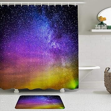 Lieteuy Stoff Duschvorhang und Matten Set,Neon Bunte Himmelsgalaxie