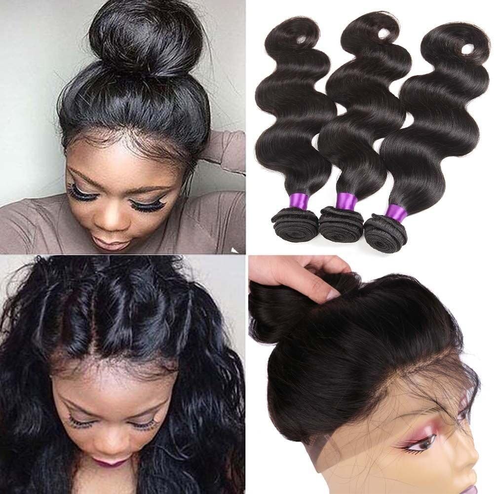 Indian Virgin Hair 360 Lace Frontal with Bundles Body Wave 8A Unprocessed Indian Virgin Hair 3 Bundles with 360 Frontal Closure Body Wave 360 Lace Frontal with Bundles (16 18 20+14, Natural Color)