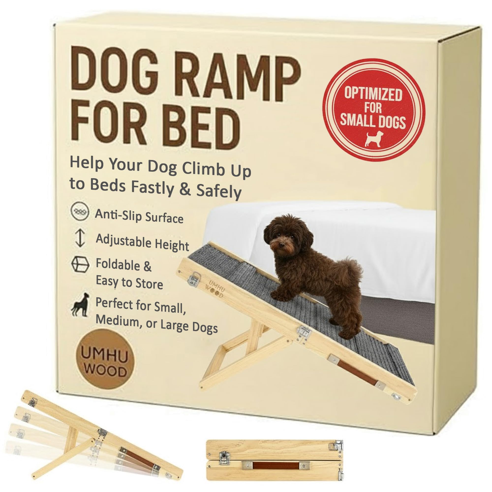 Photo 1 of UMHUWOOD Dog Ramp for Couch, Bed, and Car – Adjustable, Portable, Foldable, Non-Slip Wooden Pet Ramp for Small, Medium, and Senior Dogs and Cats – Up to 19.5" High