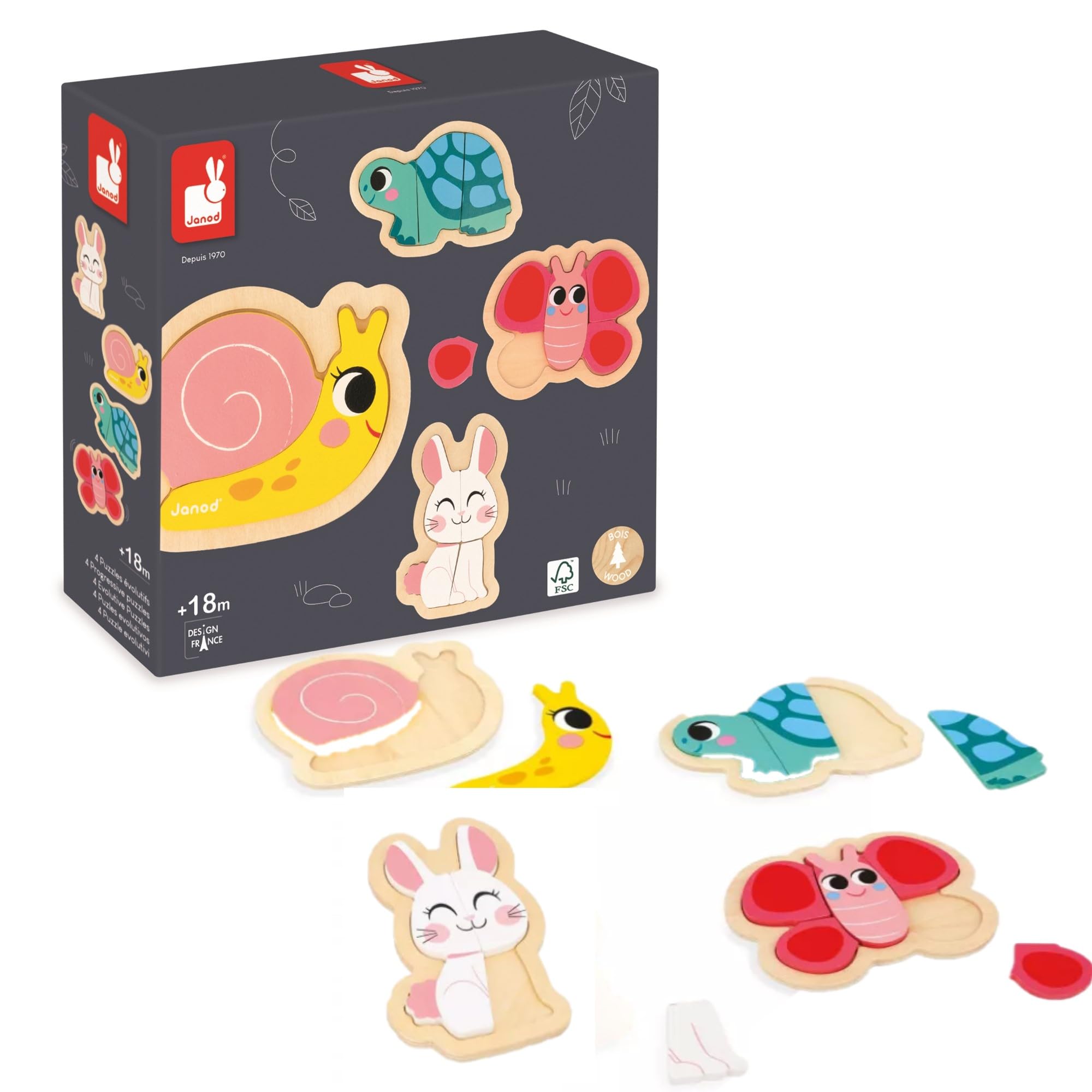 Janod - 4 Wooden Puzzles - 2 to 5 Pieces - Garden Animal-Themed Puzzles - Children’s Toys - Educational Games - Early-Years Toys - 18 Months +, J07116