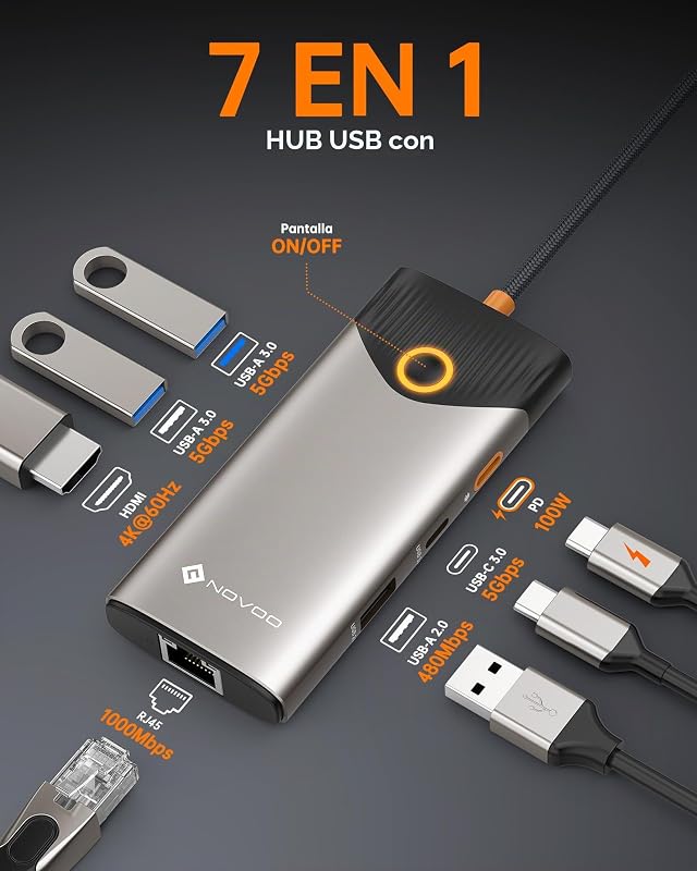 Hub USB C, dock 7-em-1 com 4K@60Hz HDMI, Ethernet de 1Gbps, carregamento PD de 100W, portas USB-A/C de 5Gbps, estação de acoplamento compatível para MacBook, iPad, iPhone, DELL, HP, Surface