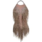 YUANTONG Gold Sparkly Rhinestone Bodysuit for Women Fringe Top Dance Leotard Drag Queen Costumes Outfit