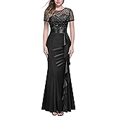 Miusol Women's Elegant Sequin Lace Contrast Ruffle Style Formal Evening Long Dress
