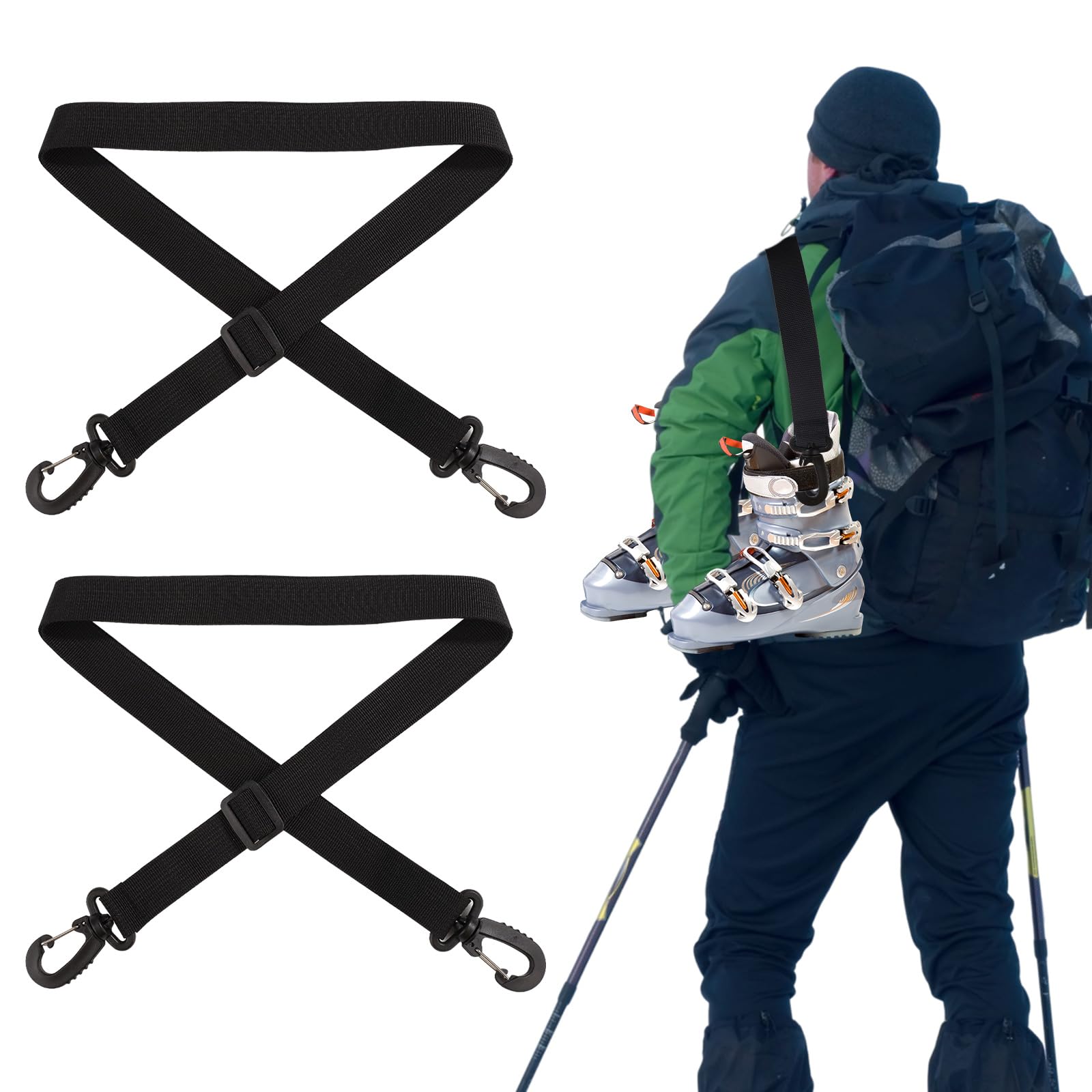 Lasuroa 2pcs Portable Ski Carrier Straps, Ski Boot Straps, Black, Nylon, PP, 360° Rotating Buckle, Ski Boot Strap