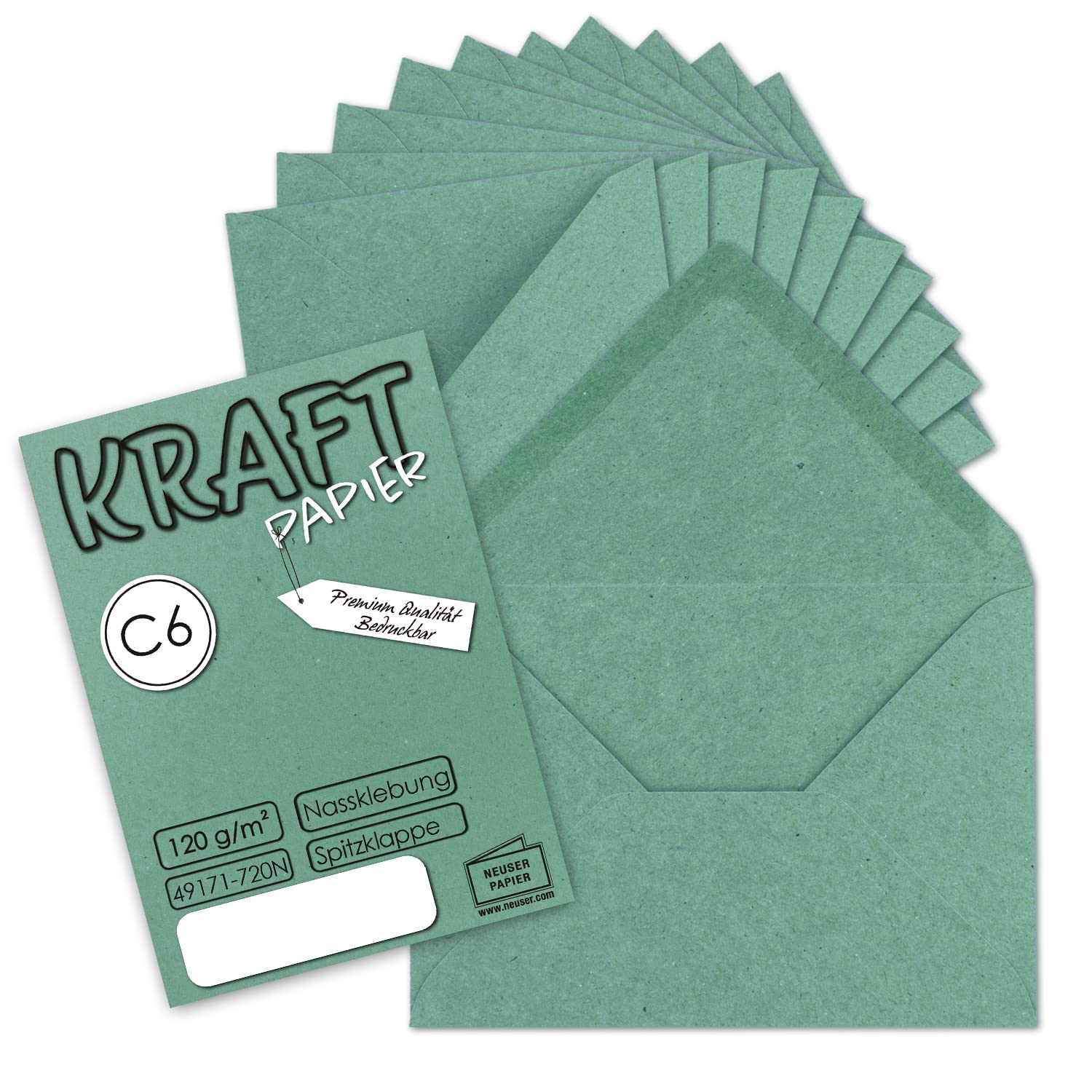 50 x Kraft Paper Envelopes DIN C6 Eucalyptus Green - 11.4 x 16.2 cm Without Window - Vintage Envelopes with Wet Adhesive Pointed Flap - NEUSER PAPIER