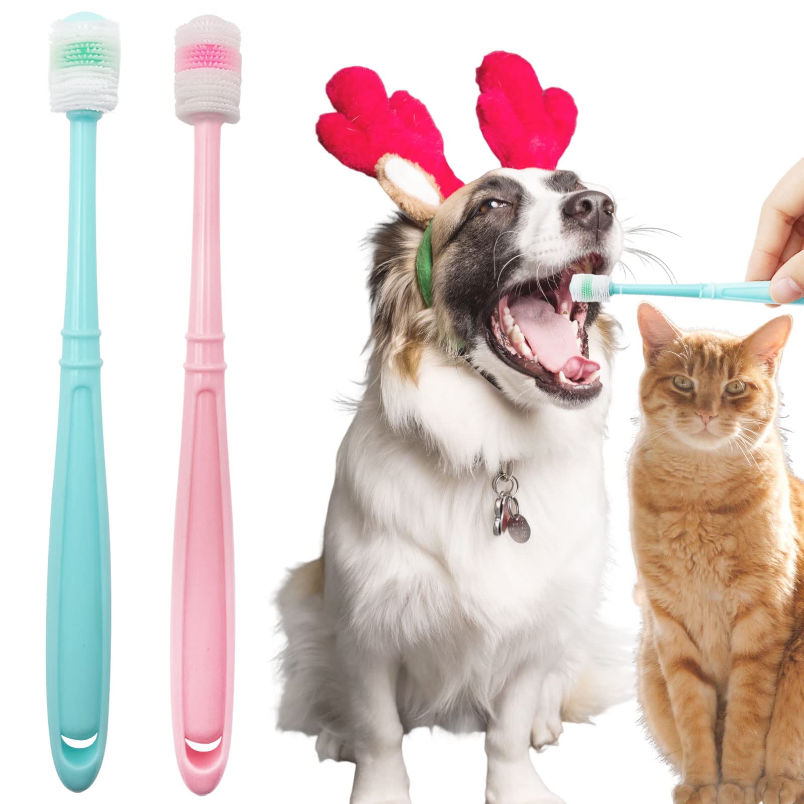 Photo 1 of BLMHTWO 2 Pieces Cat Toothbrush, Dog Toothbrush 360-Degree Dog Toothbrushs Small with Independent Transparent Packaging Box and PP Handle Silicone Toothbrushs for Small Dogs (Green and Pink)